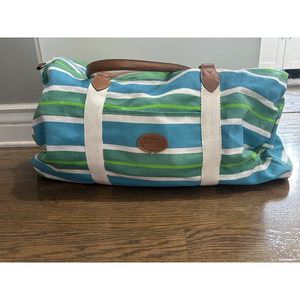 Vintage Gitano 90s Striped Canvas Faux Leather Weekender Duffle Travel Bag
